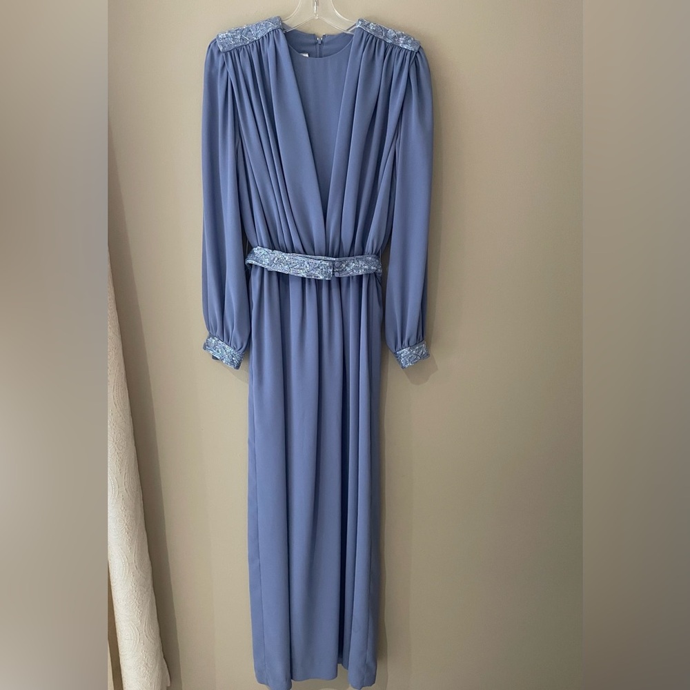 VTG Jack Bryan Periwinkle Chiffon Maxi Dress Beaded 70s Grecian Goddess Prom